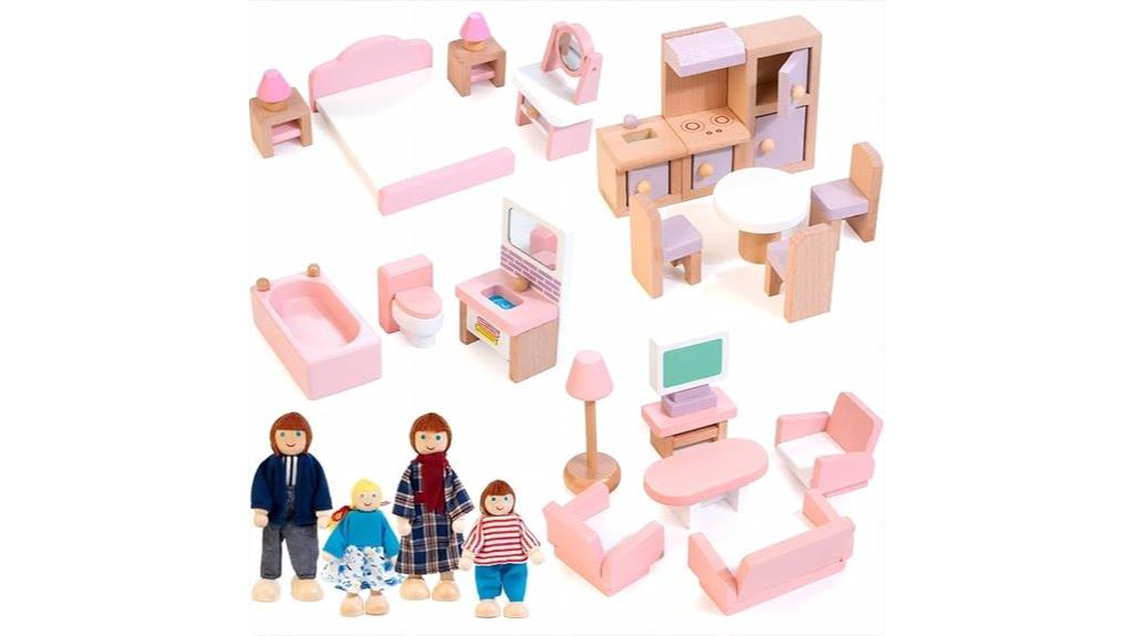 wooden dollhouse with families