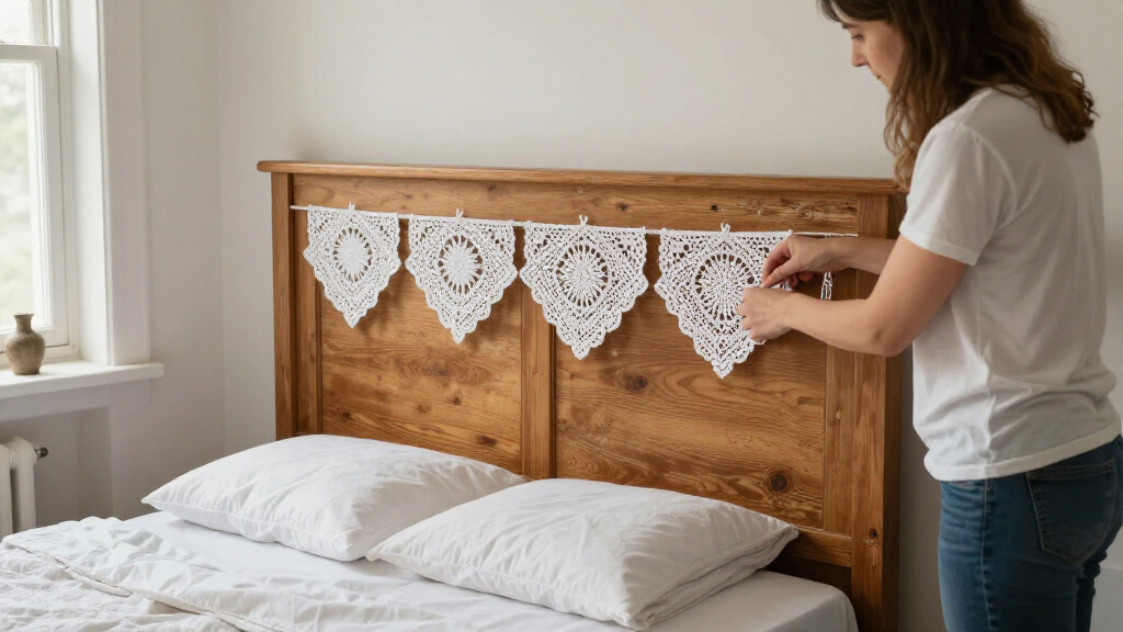 She Uses Doilies To Decorate A Headboard With Vintage Charm